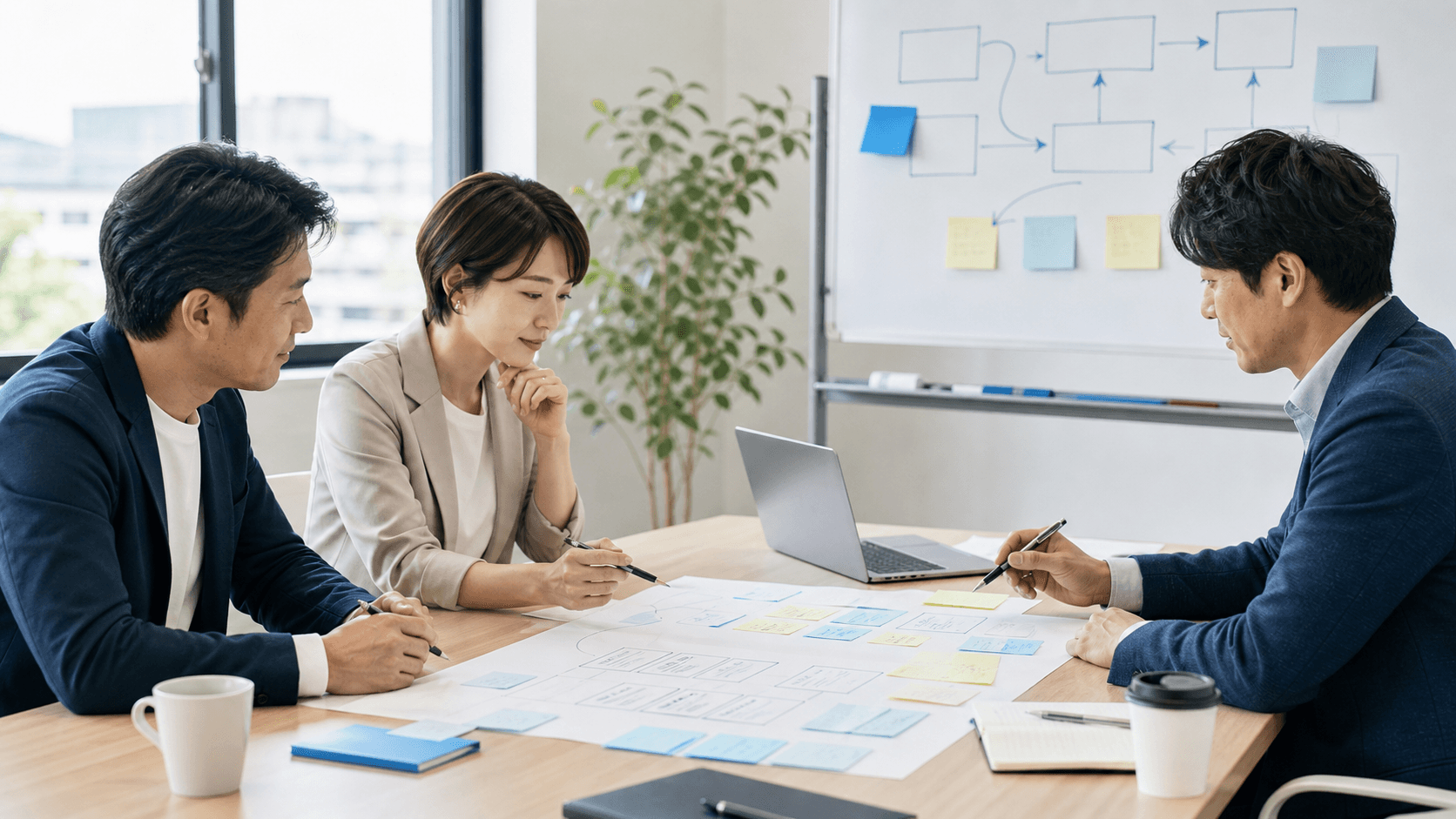 地方企業の会議室で担当者3人がFAQ項目と業務フローを整理しながらAI導入の順序を検討している様子