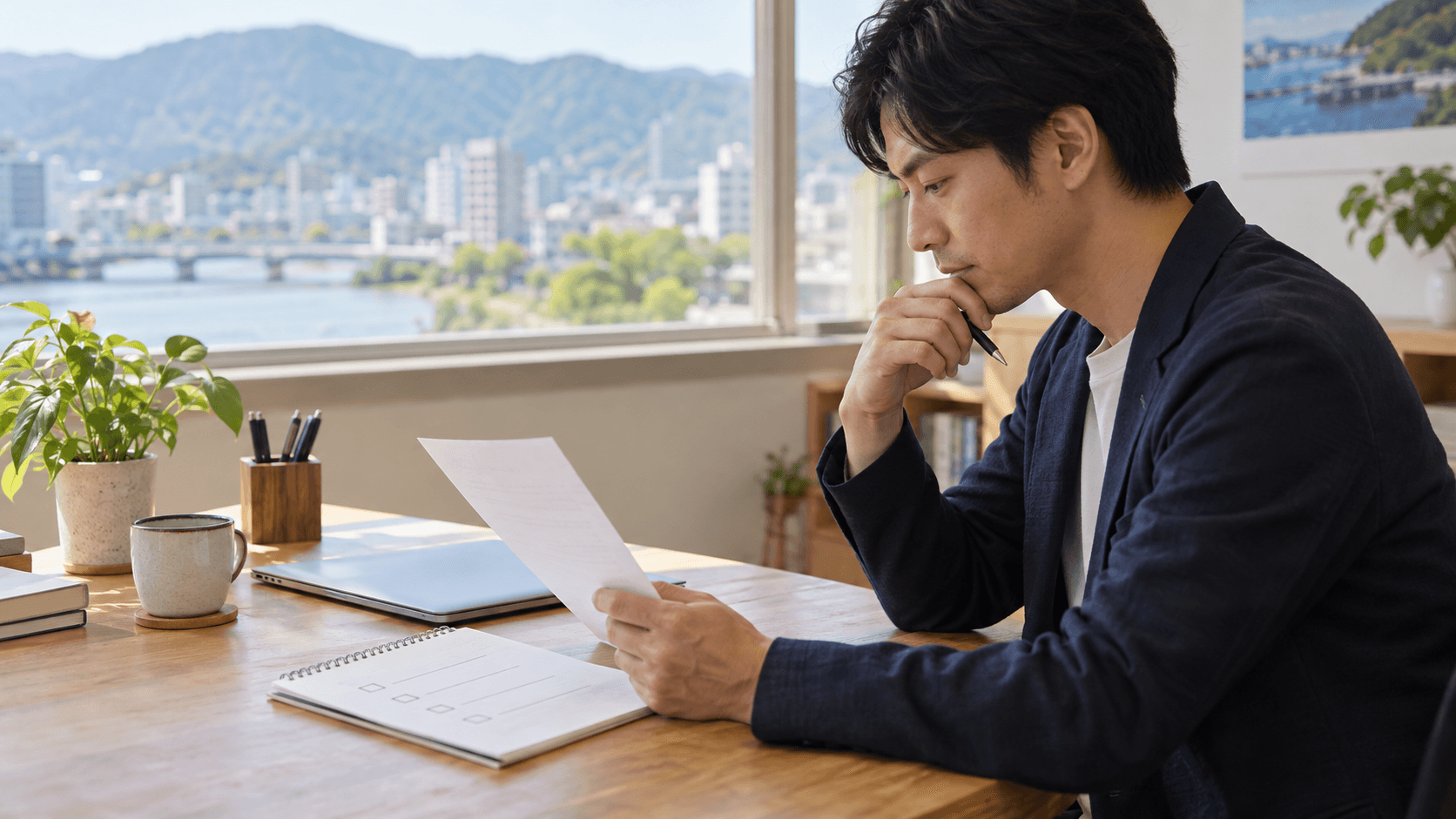 明るい小さなオフィスで、担当者が印刷した文案と確認用メモを見比べ、社外送信前の内容を落ち着いて確かめている様子