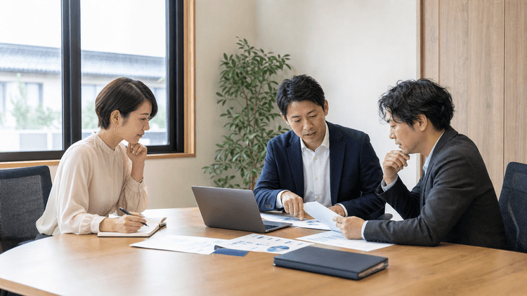 地方企業の会議室で3人の担当者が資料とノートPCを囲み、生成AI研修を最初に始める部署を検討している様子