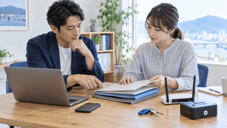徳島の中小企業の担当者2人がパソコン、書類、通信機器、鍵付きケースを机に並べてWeb資産の管理状況を確認している様子