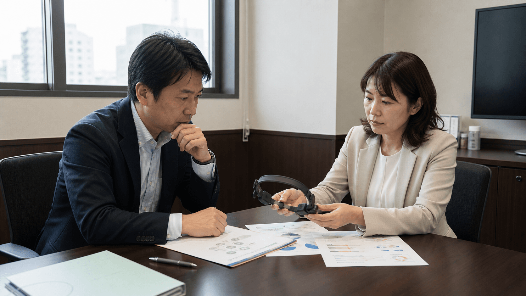 地方企業の会議室で、担当者2人が脳波ヘッドバンドと資料を見ながら、ウェルビーイング研修での活用可否を慎重に検討している様子