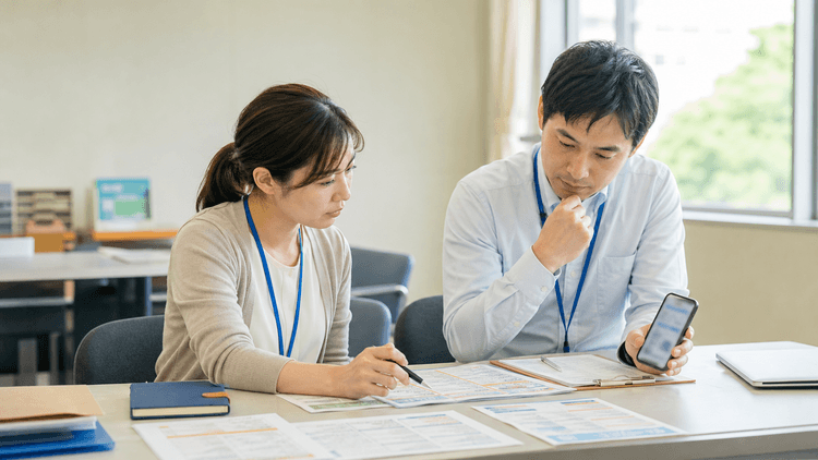 地域の公共施設で自治体と社会福祉協議会の担当者が案内資料とスマートフォンを見ながら、イベント申込導線の見直しを打ち合わせている様子