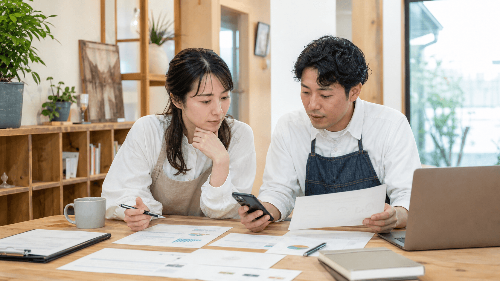 地域の店舗担当者と広報担当者が机の上に案内資料とスマートフォンを広げ、店舗情報とよくある質問の整理方針を打ち合わせている様子