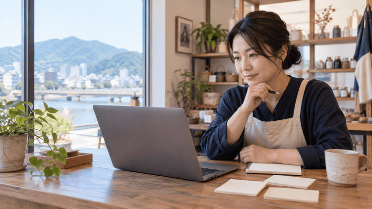 明るい店舗の机で、エプロン姿の店主がノートPCと無地のメモ帳を前に、口コミへの対応内容を落ち着いて考えている様子