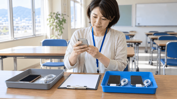 地域教室の机で講師がスマホを確認し、返却端末の灰色トレーと準備済み端末の青いトレーを分けている様子