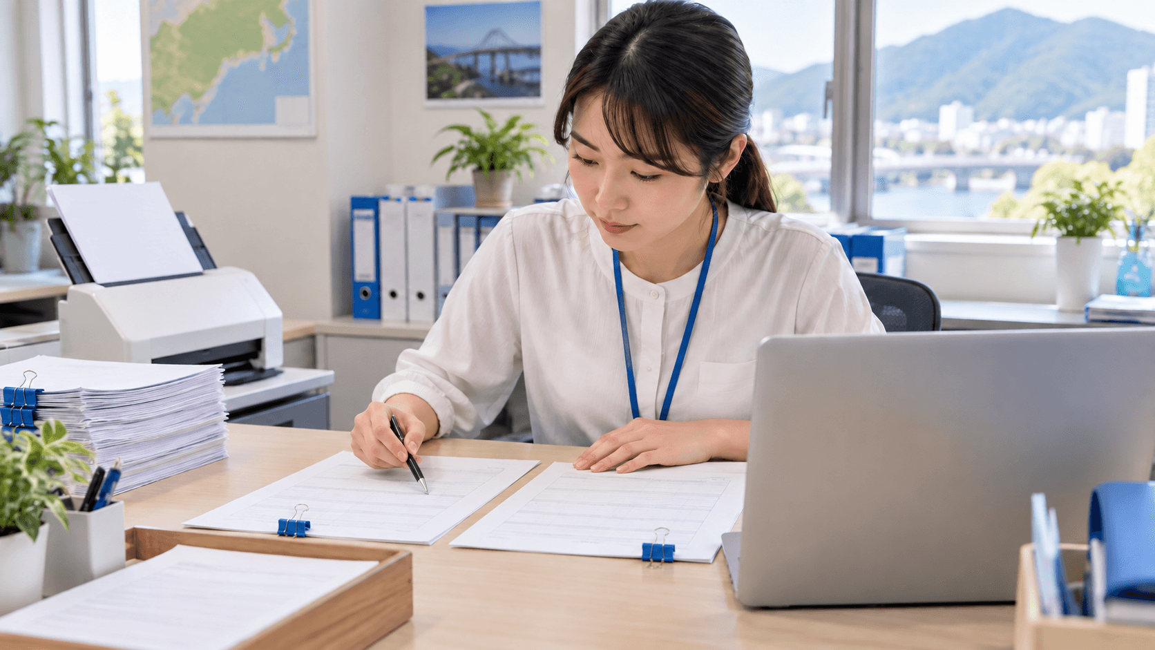 明るい事務所で担当者が2枚の帳票を照合し、机にスキャナー、青いクリップ、ノートPCを置いている様子