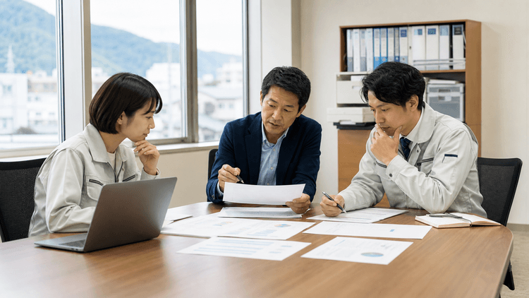地方企業の会議室で、管理職と担当者がノートPCと印刷資料を見ながら、生成AIの出力を公開前に確認する観点を整理している様子