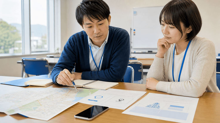 地方企業の会議室で担当者2人がノートと紙の資料を机に広げ、社内文書の整理方針を検討している様子