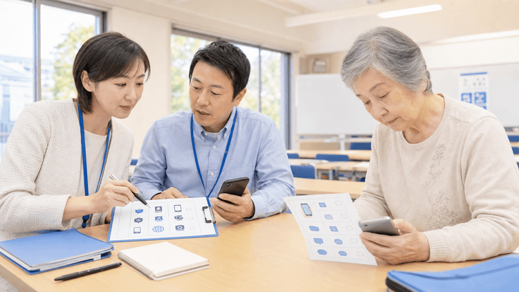 地域の教室で自治体担当者と講師がスマホ教室のチェックシートを確認し、高齢の参加者が手元のスマートフォンで復習している様子