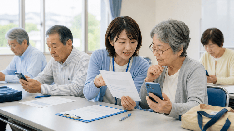 地域のスマホ教室で、講師が高齢の参加者にスマートフォンと持ち帰り用の紙資料を並べて説明している様子