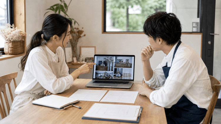 地域の店舗担当者2人が、写真中心のWebページをノートPCで見ながら、案内内容の優先順位を相談している様子