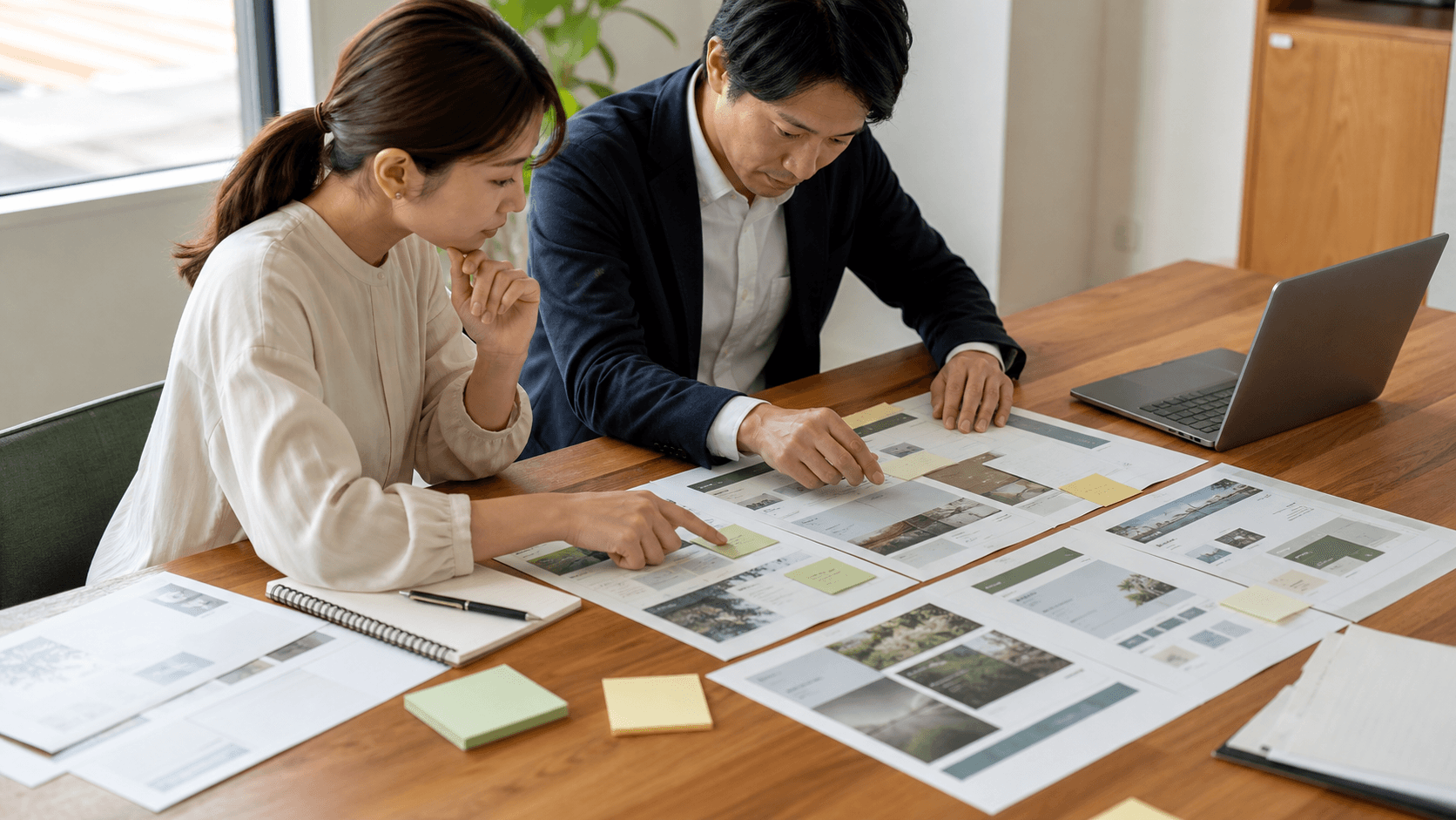 徳島の中小企業の担当者2人が、ノートPCと印刷したWebページを見比べながら、会社名やサービス名の表記をそろえる確認をしている様子
