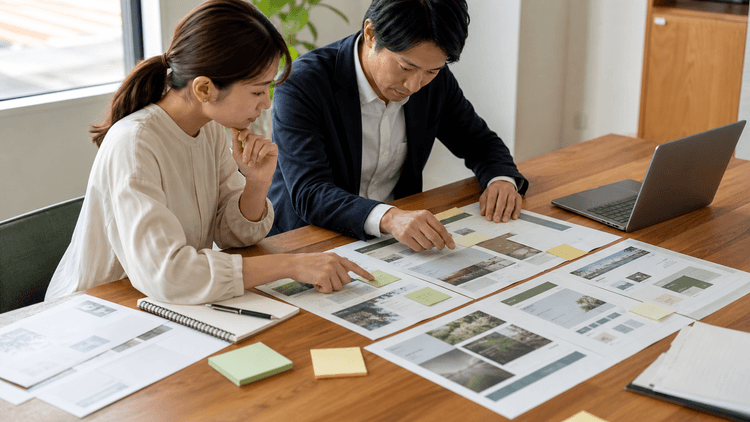 徳島の中小企業の担当者2人が、ノートPCと印刷したWebページを見比べながら、会社名やサービス名の表記をそろえる確認をしている様子